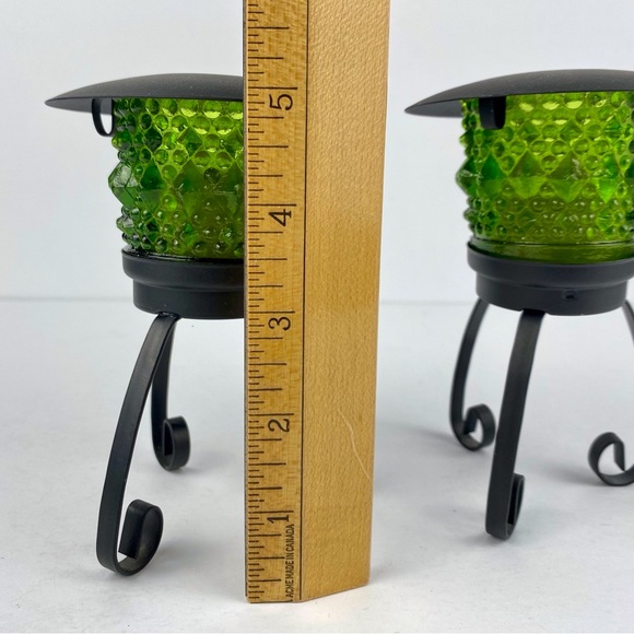 Pair Vintage Green Glass/Black Metal Pedestal Votive Candle Holders, Unused - Picture 6 of 7